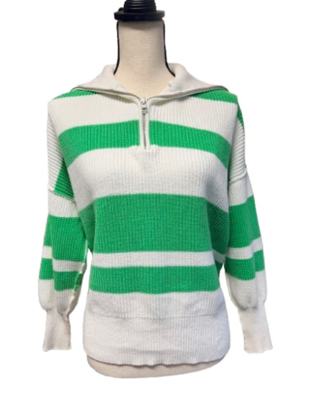 Aerie Oversized Green White Stripe Quarter Zip Cotton Sweater XXS
